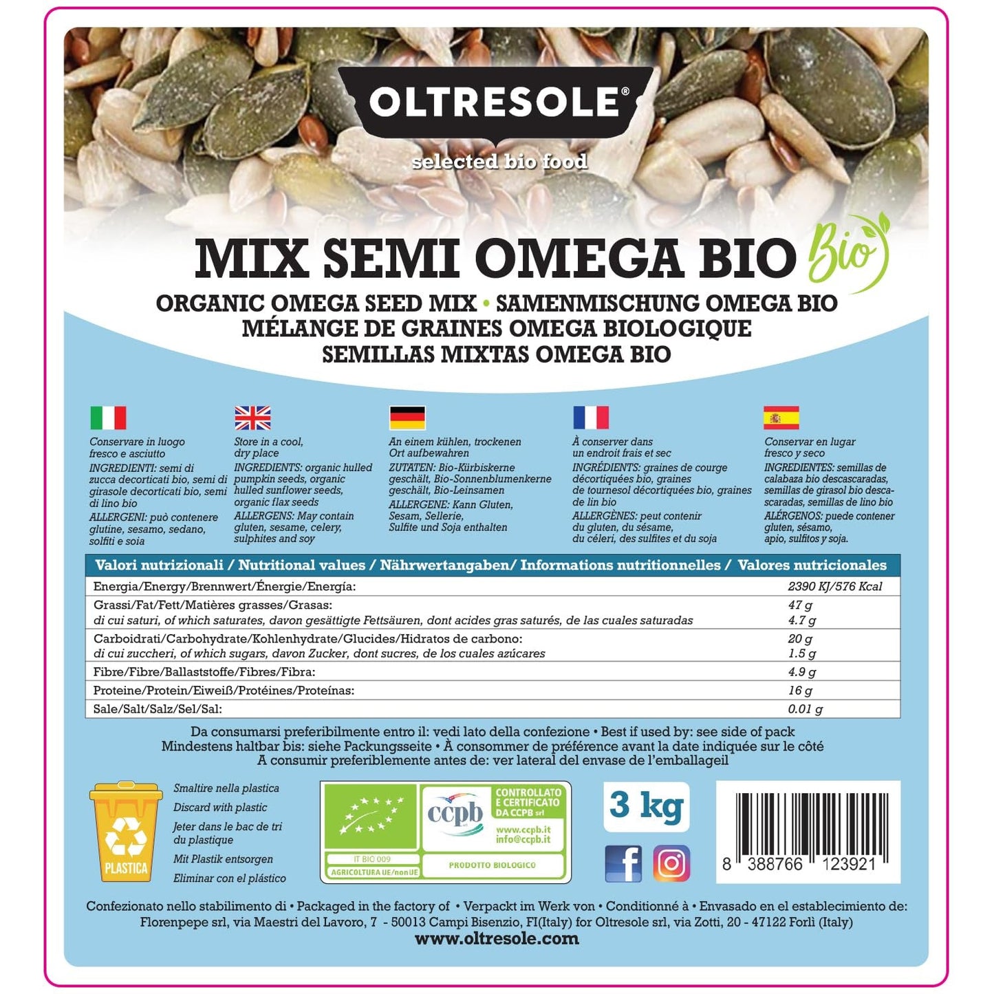 Mix organic de semințe Omega 3 kg (amestec de semințe de dovleac, floarea-soarelui și in), un amestec de 3 semințe oleaginoase crude întregi, bogat în proteine, fibre și acizi grași omega-3