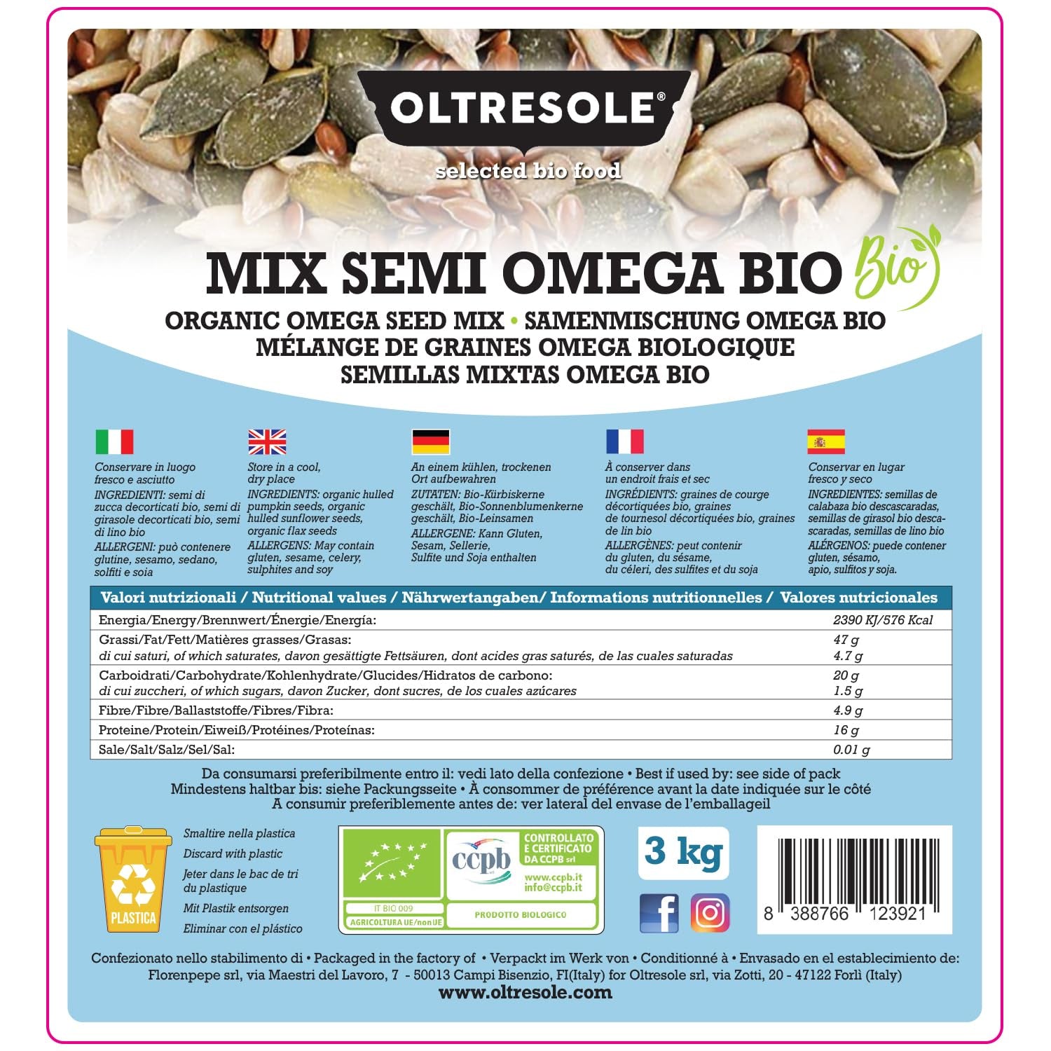 Mix organic de semințe Omega 3 kg (amestec de semințe de dovleac, floarea-soarelui și in), un amestec de 3 semințe oleaginoase crude întregi, bogat în proteine, fibre și acizi grași omega-3