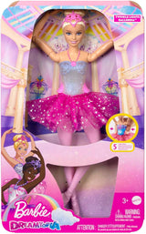 Păpușa Barbie Dreamtopia Balerina Magică cu Lumini, cu tutu roz și păr blond, 5 efecte luminoase și sonore, Barbie poziționabilă, vârste 3+, HLC25