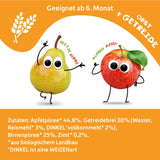 FRECHE FREUNDE Pungă de fructe organică, stoarcabilă, cu mere, pară cu scorțișoară, orez și speltă, piure de fructe cu cereale pentru bebeluși de la 6 luni, vegan, pachet de 6 (6 x 100g)