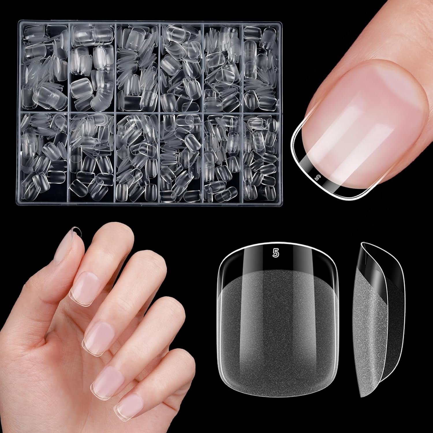 Unghii artificiale scurte, 500 bucăți gel moale acoperire completă vârfuri de unghii pentru unghii cu gel 12 mărimi vârfuri de unghii pre-lustruite pentru unghii cu gel, unghii artificiale scurte sicriu pentru extensii de unghii cu cutie