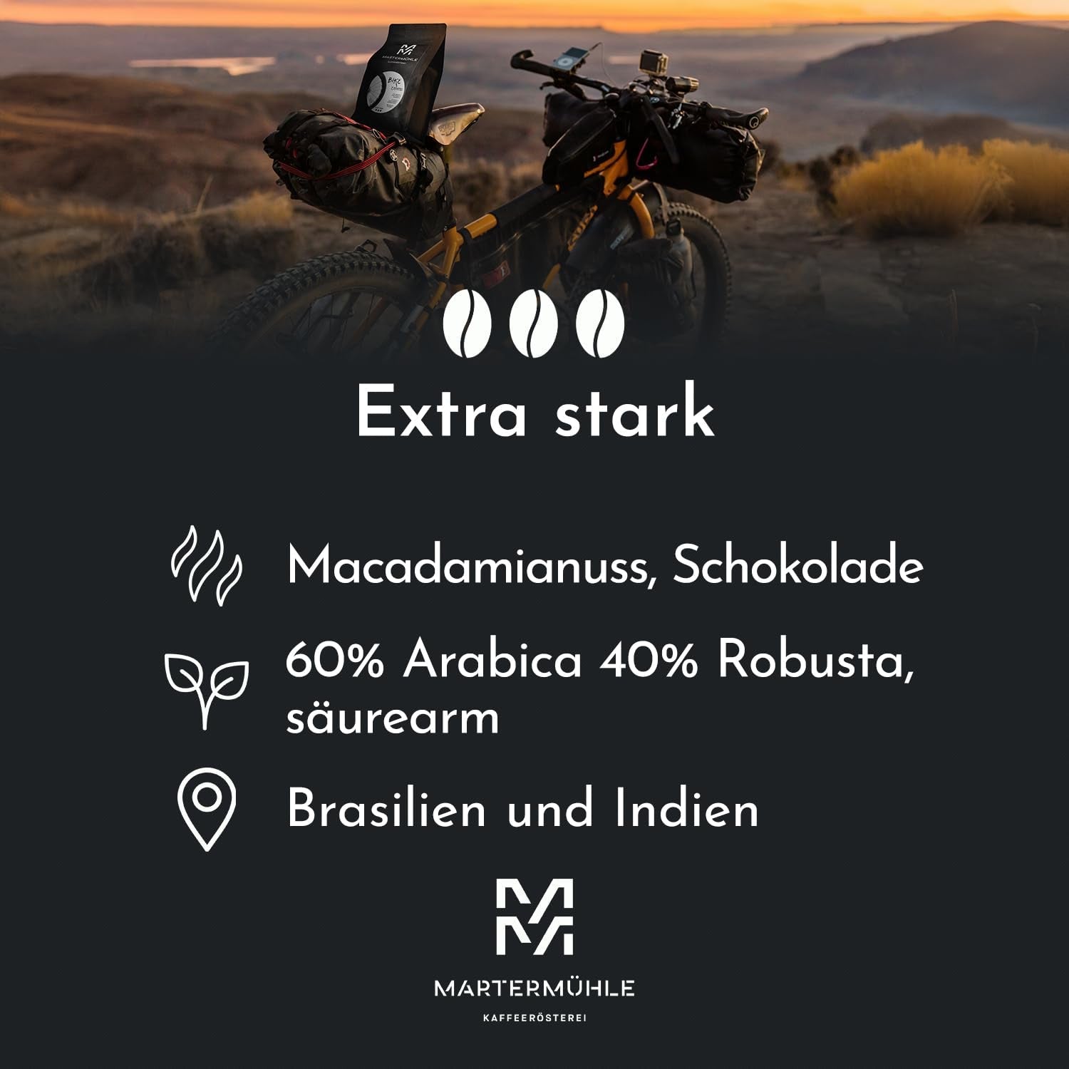 Boabe de espresso Martermühle Bike 500g Strong | Arabica/Robusta | Arome: Nuci de macadamia, ciocolată cu lapte | Boabe de espresso întregi prăjite ușor, aciditate scăzută