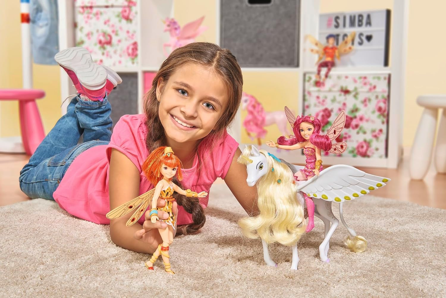 Simba 109480093 - Mia and Me Unicorn Onchao, Cu aripi mobile, agrafe de păr, perie pentru coafat, cal de joacă, ponei, Centopia, de la 3 ani, roz Papusi Naty Shop
