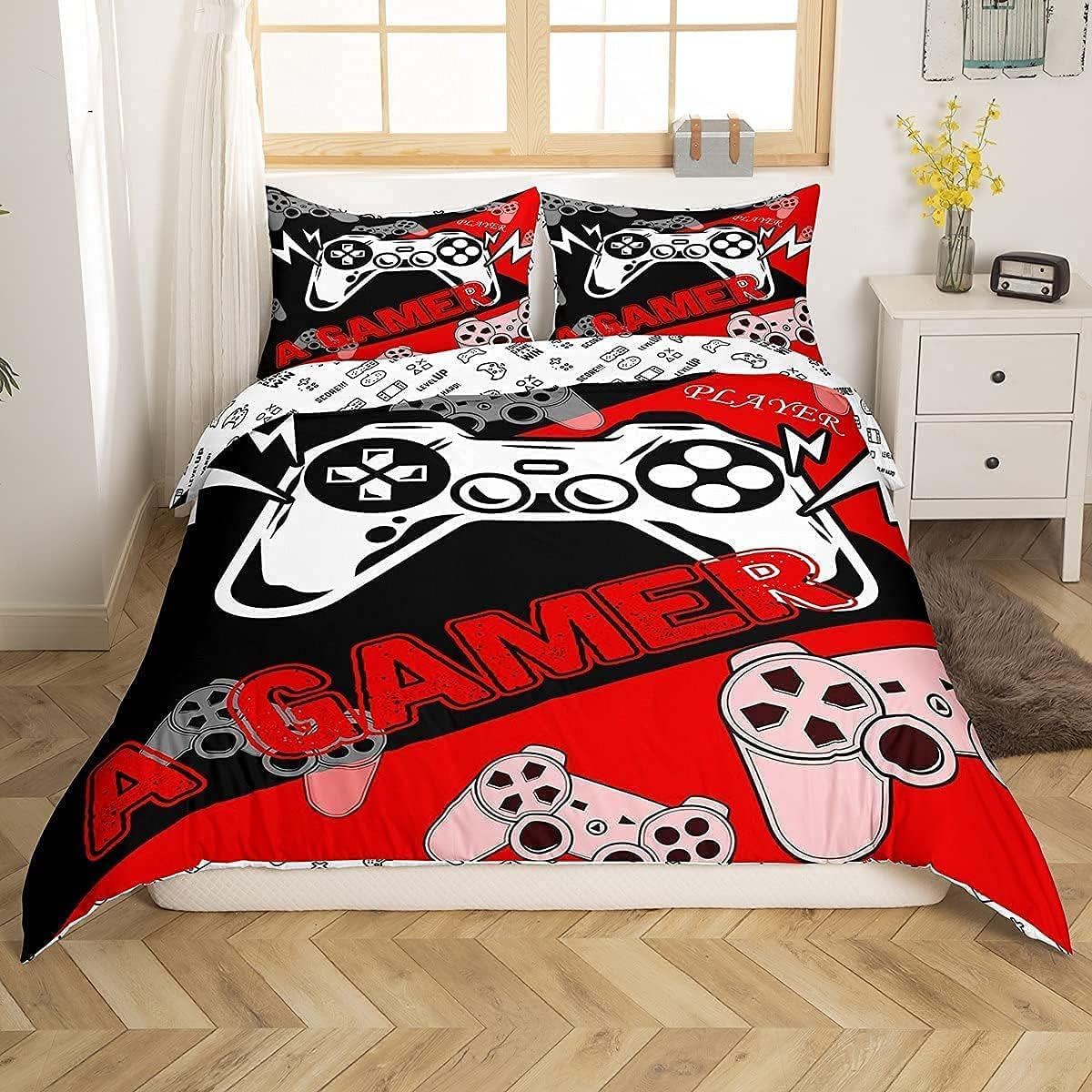 Gamer Bettwäsche Sets Für Jungen 155X220,Gaming Bettbezug Kinder Teens Männer Videospiel Zimmer Dekor Reversible Gaming Tröster Abdeckung Grün Retro Game Controller Bettbezug Weicher Luxus 2 Stücke