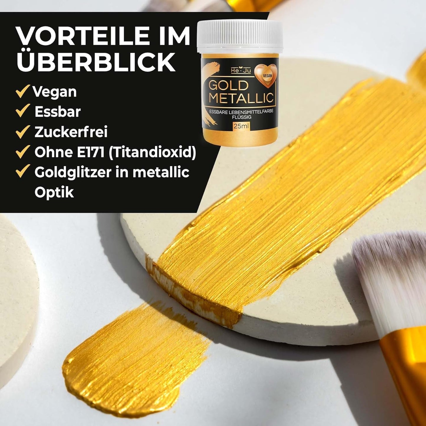 Colorant alimentar lichid auriu metalic He-Ju 25ml, sclipici comestibil pentru băuturi și alimente (auriu metalic, 25ml)