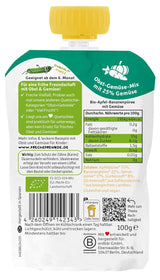 FRECHE FREUNDE Pungă de fructe bio, compresibilă, cu mere, banane, spanac și castravete, piure de fructe cu legume într-o pungă compresibilă pentru bebeluși de la 6 luni, vegan, pachet de 6 (6 x 100g)