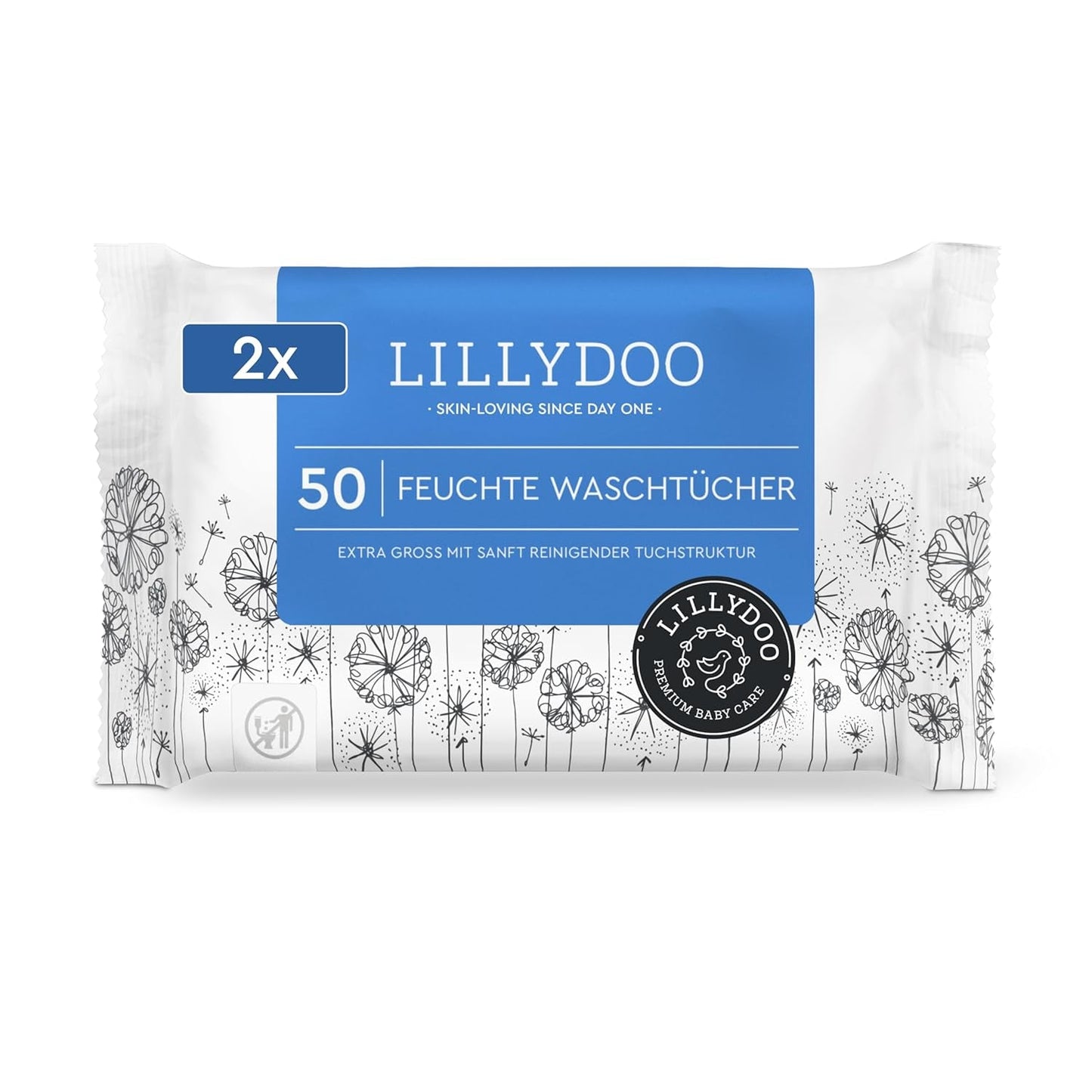 Șervețele umede LILLYDOO, 50 de bucăți, 100% fără plastic, șervețel extra mare, fără parfum