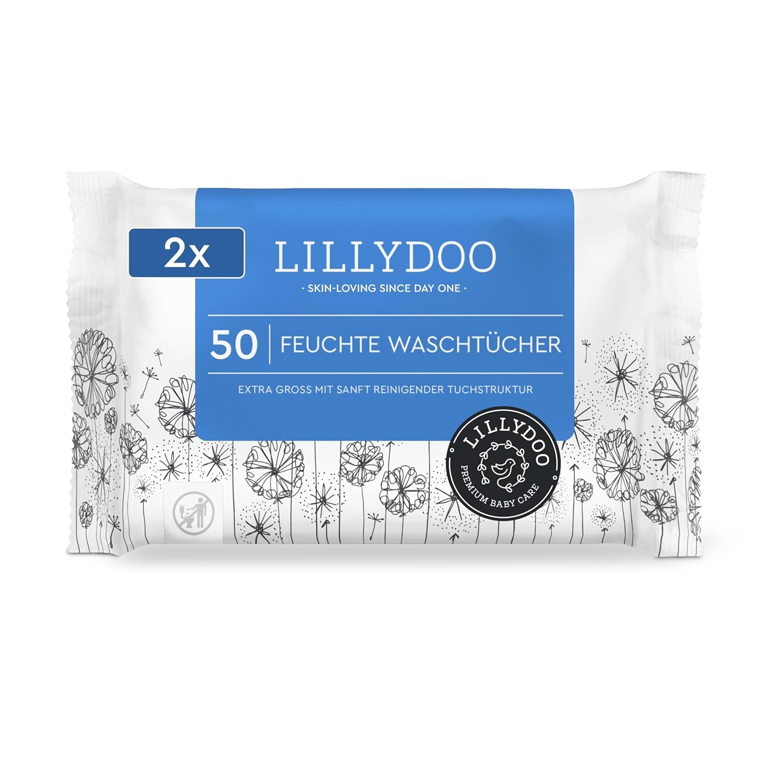 Șervețele umede LILLYDOO, 50 de bucăți, 100% fără plastic, șervețel extra mare, fără parfum