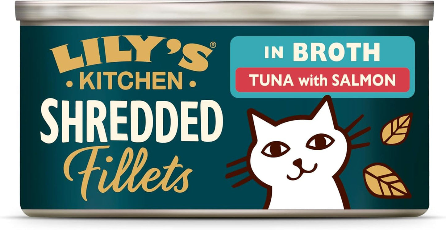 Fileuri tocate în bulion cu ton și somon, preparate cu ingrediente naturale, Lily's Kitchen, hrană umedă pentru pisici adulte, cutie de 70 g
