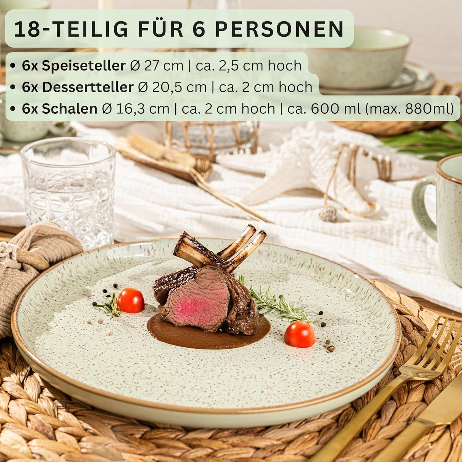 SÄNGER Rio Mint | Set de veselă din gresie pentru 6 persoane, 6 farfurii, 6 farfurii de desert, 6 boluri, verde mentă | COLECȚIA VALUE