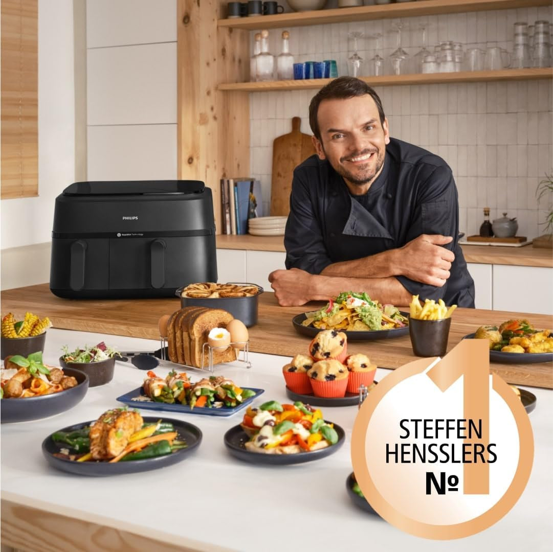 Philips Dual Basket Airfryer 3000 Series cu set de mic dejun, 9 litri, 2 sertare Electrocasnice Naty Shop