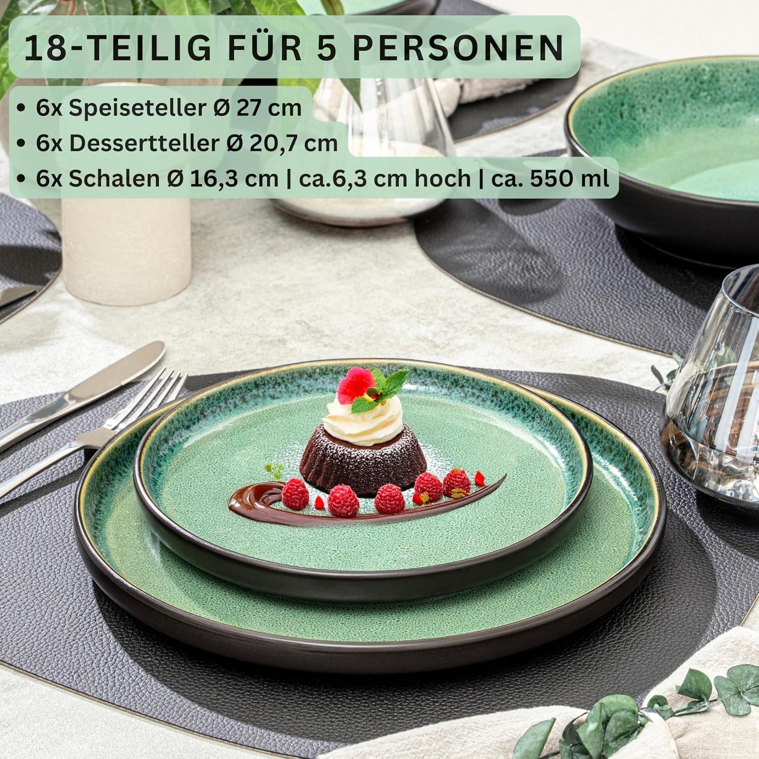 SÄNGER Greenwich | Set de veselă din gresie, 18 piese, Set de farfurii pentru 6 persoane, Set de veselă (6 farfurii de cină, 6 farfurii de desert, 6 boluri), Verde, Rezistent la zgârieturi, Veselă | COLECȚIA VALUE