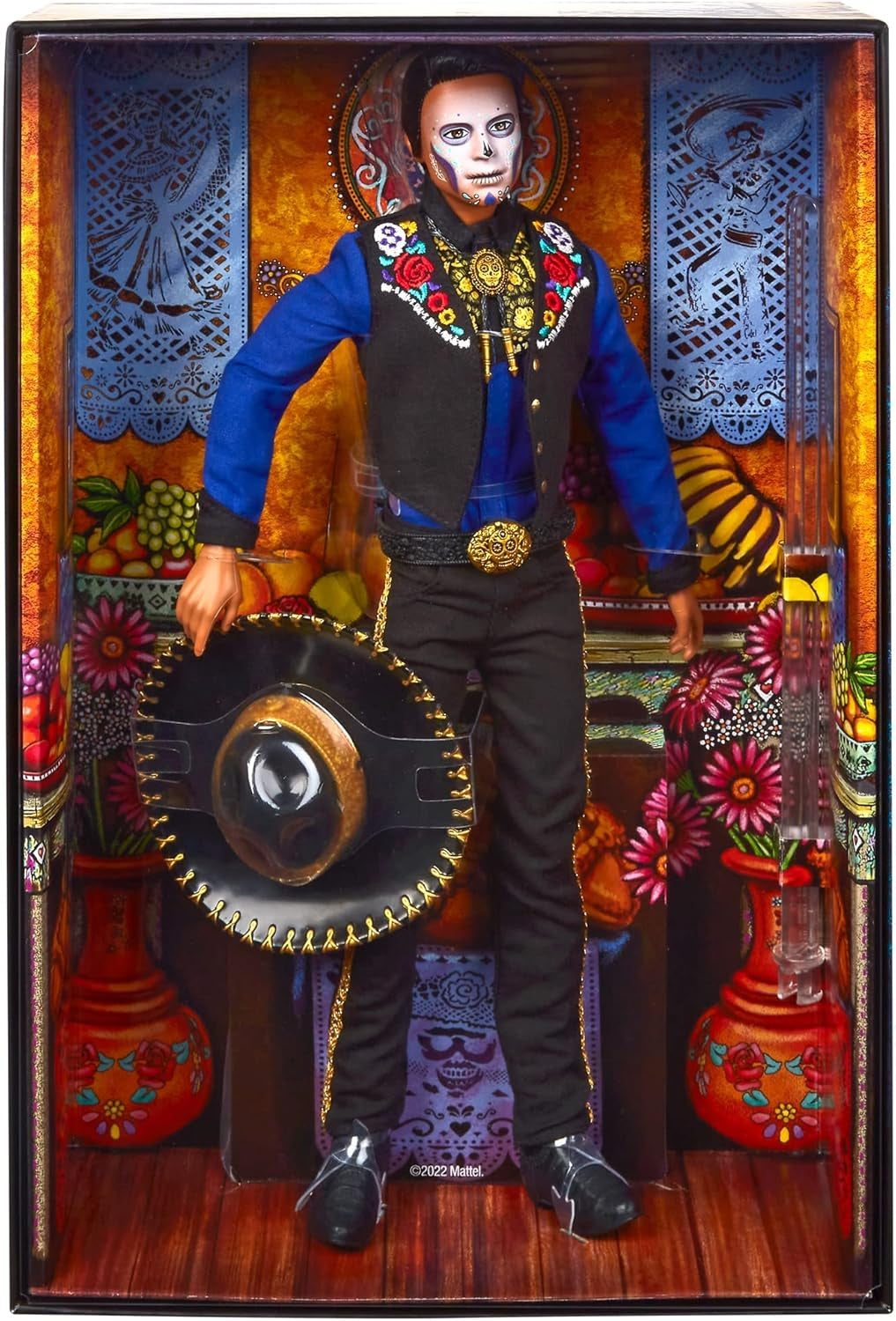 Păpușă Ken Barbie 2022 Día De Muertos cu cămașă, vestă și sombrero, vopsea de față Calavera, cadou pentru colecționari