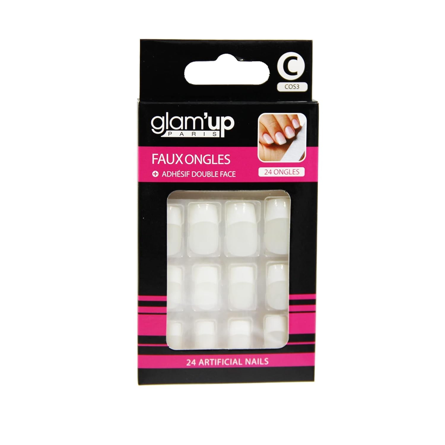 Glam'Up Paris – Unghii False – Acoperire Completă – Ușor de Utilizat – 24 Unghii False Per Cutie + Bandă Dublu Adezivă – Formă Pătrată XL – Nr. 3 – Manichiură Franceză, Alb