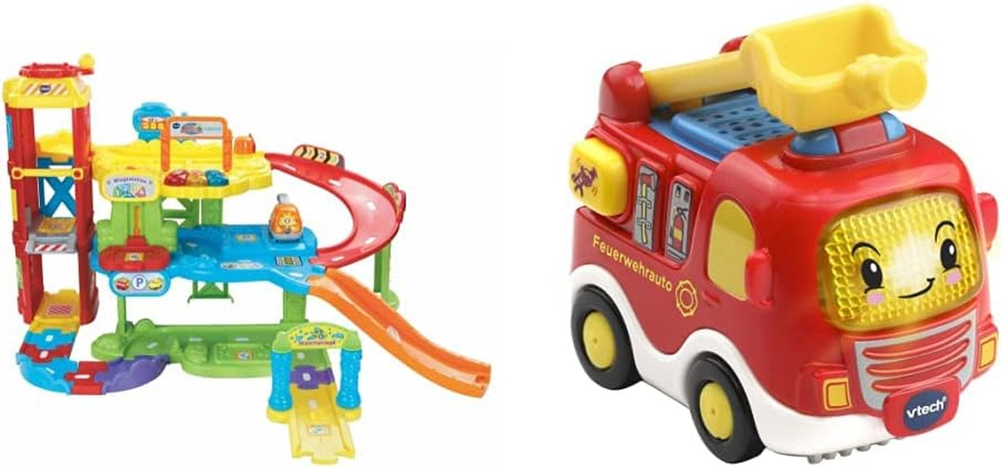 Vtech TUT TUT Baby Flitzer - Garaj de parcare, colorat, 66.6 x 75.3 x 45.1 cm & TUT TUT Baby Flitzer - Mașină de pompieri - mașină de jucărie cu muzică, buton luminos, propoziții și sunete interesante Jucarii Bebe Naty Shop Titlu implicit