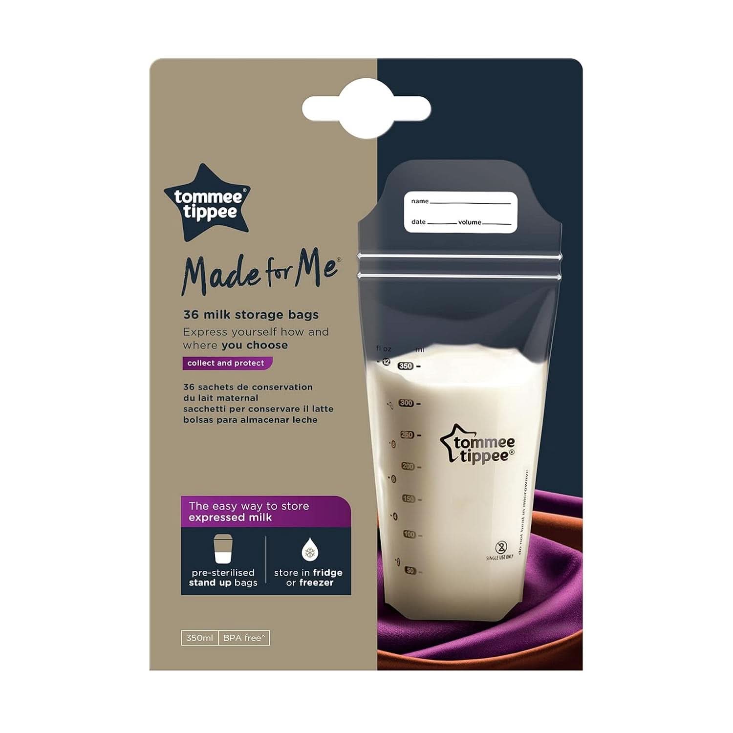 Tommee Tippee Closer to Nature Pungi pentru depozitarea laptelui matern, pre-sterilizate, 350 ml Accesorii Hrana si Alaptare Bebe Naty Shop