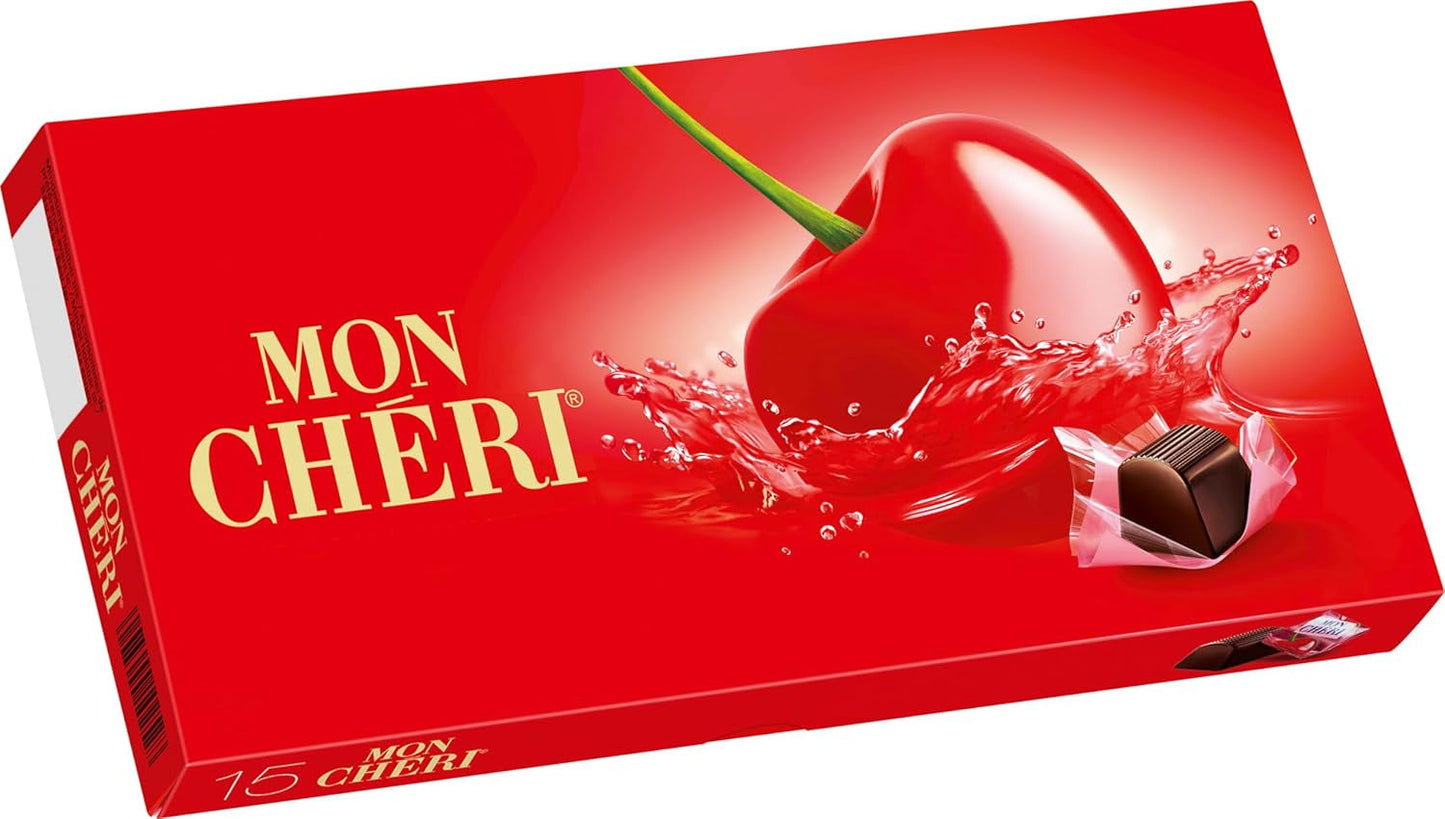 Ferrero Mon Chéri – Ciocolată crocantă, lichior fructat și o cireșă aromată – Cadou de ciocolată de Ziua Îndrăgostiților pentru el și ea – 1 pachet cu 15 bomboane individuale de ciocolată