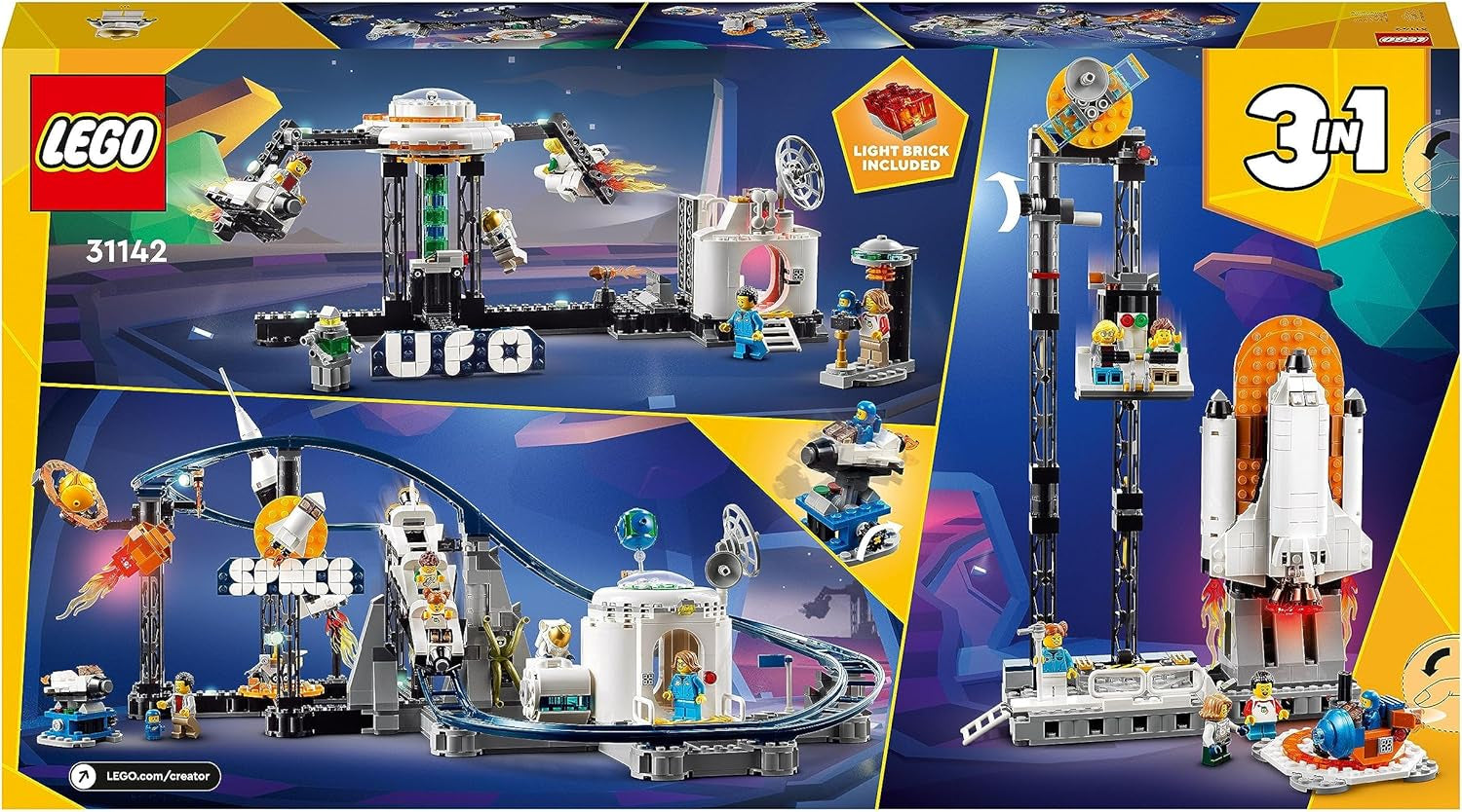 LEGO 31142 Creator 3-In-1 Rollercoaster spațial, kit de jucărie pentru bâlci cu cărucioare funcționale, convertibil în turn de cădere liberă sau carusel cu rachete și cărămizi strălucitoare Seturi de constructie Besuche den LEGO-Store