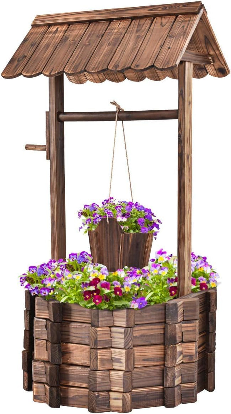 Fântână din lemn 56x56x114cm cu acoperiș, Fântână a dorințelor, Decorațiune de grădină, Ghiveci de flori, Fântână decorativă, Ghiveci de flori, Maro