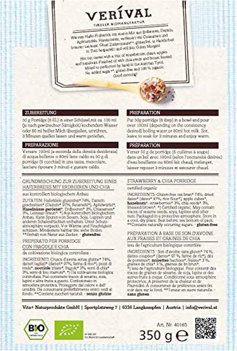 Terci de chia cu căpșuni Verival, fără gluten | 6 x 350g | Vegan | Fără ulei de palmier | Fără gluten | Fără zahăr adăugat | Fabricat manual în Tirol