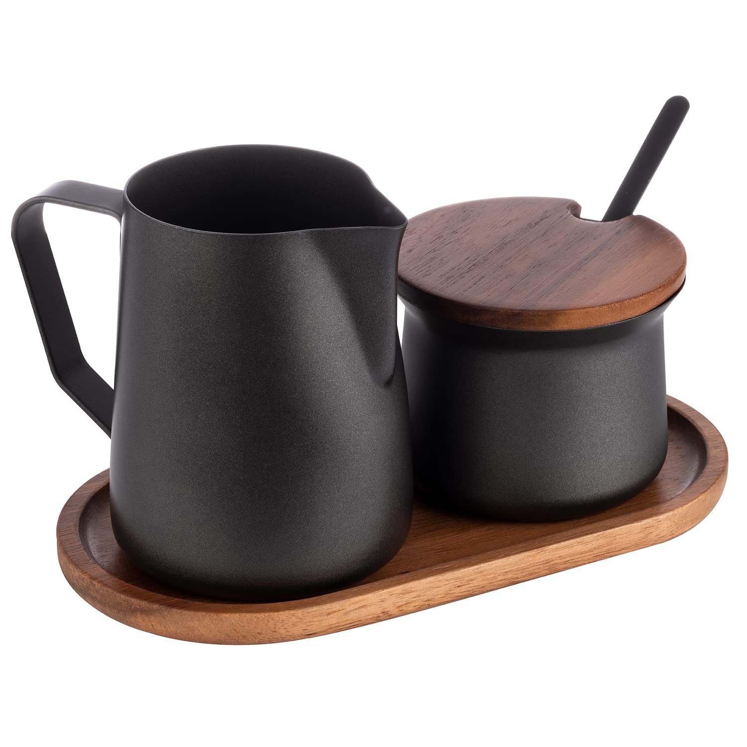 Set lapte și zahăr APS 634, set de 5 piese, lemn de salcâm, oțel inoxidabil, strat antiaderent, negru