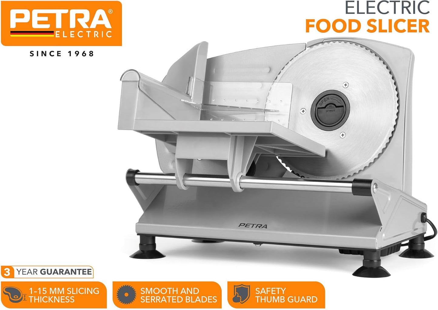 Petra PT4636VDE Feliator electric multifuncțional, grosime de tăiere 1-15Mm, 3 lame din oțel inoxidabil netede Rasnite si Feliatoare Naty Shop