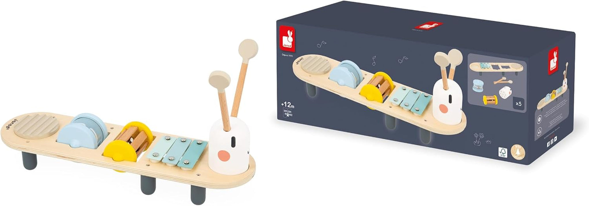 Janod - Șenile muzicale Sweet Cocoon - 5 activități muzicale pentru copii - Educație muzicală timpurie - Jucărie din lemn FSC - De la 12 luni, J04058 Jucarii Bebe Naty Shop