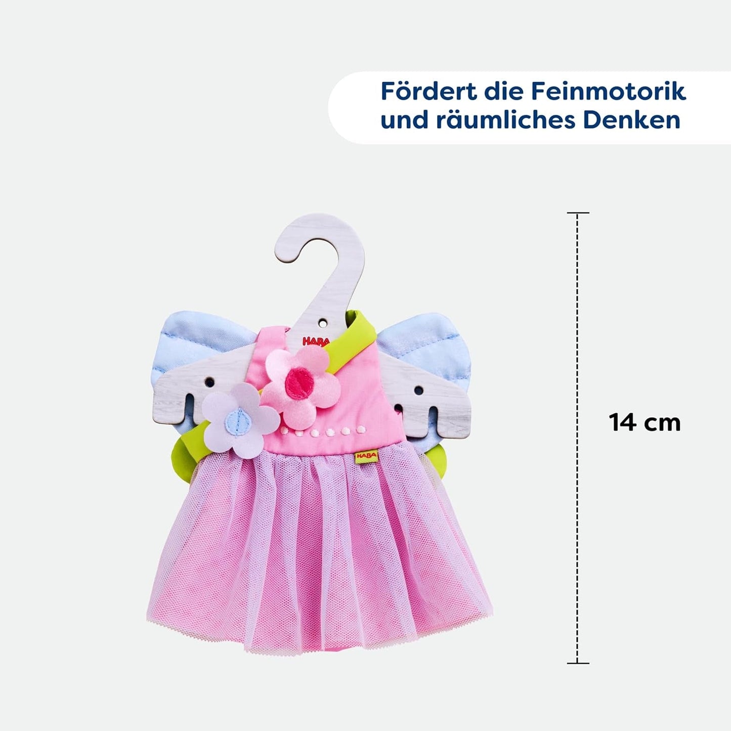 Haine pentru păpuși HABA Fairy Magic – set de 2 piese pentru păpuși cu vârsta de 18 luni și peste (30 cm) – rochie cu tul și aripi, bandă pentru păr cu flori inclusă – 1306243001