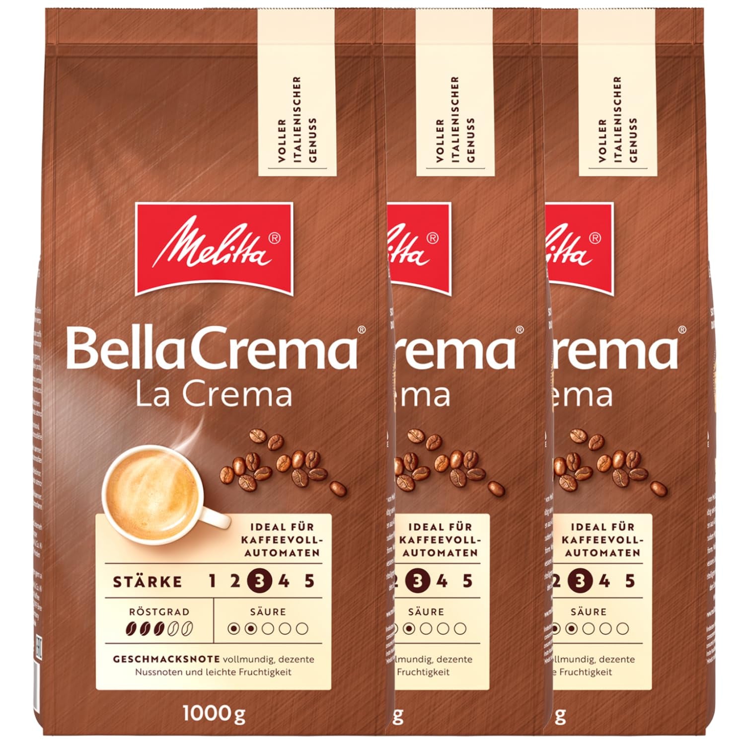 3 boabe de cafea Melitta BellaCrema La Crema, prăjire medie, 1 kg fiecare