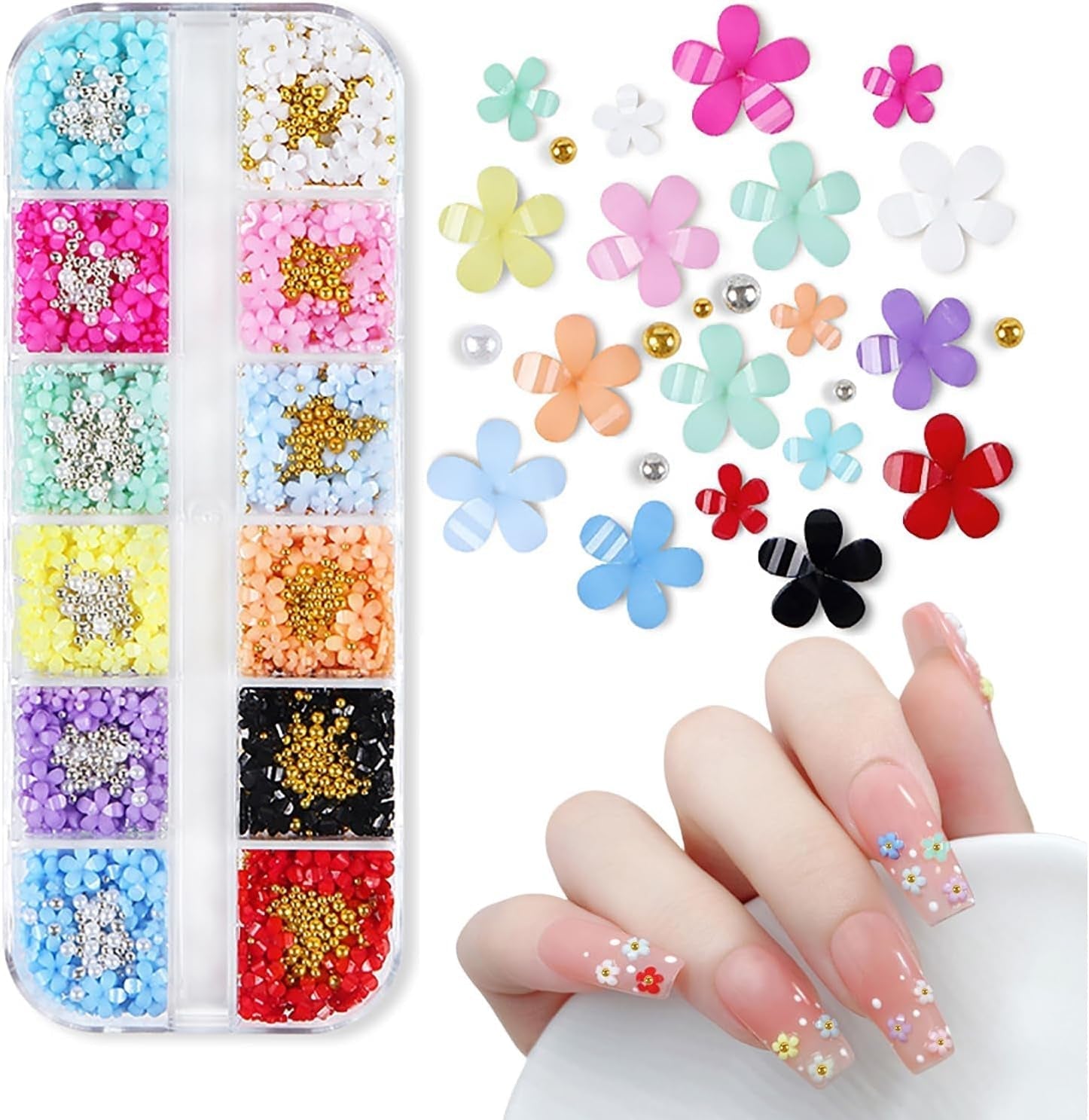 Talismani pentru unghii cu flori 3D, 12 grile de pietre pentru unghii din rășină acrilică cu flori și mărgele aurii și argintii, unghii cu gel floral, decorațiuni pentru unghii cu flori pentru femei și fete, accesorii DIY pentru manichiură