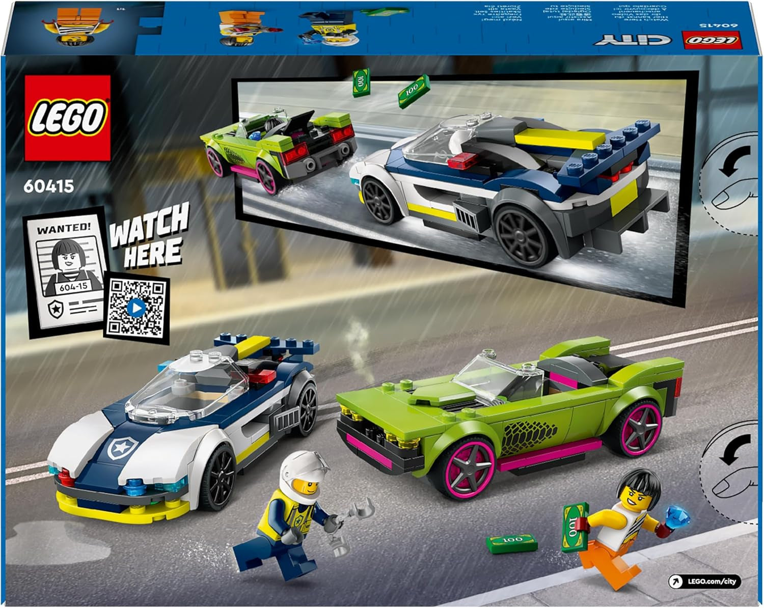 LEGO City Car Chase cu mașină de poliție și mașină cu mușchi, tren de jucărie cu 2 mașini de curse, cadou de poliție pentru copii, băieți și fete de la 6 ani, set cu polițist și minifigurine Ganovin 60415 Seturi de constructie Besuche den LEGO-Store