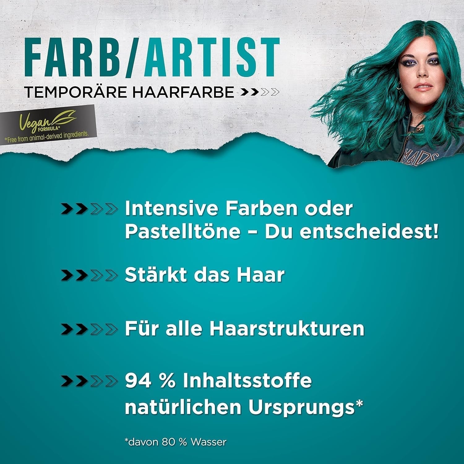 got2b Colour/Artist 097 Mermaid Green Level 2 (3x 80 ml), vopseaua de păr temporară face părul să strălucească în culori intense sau nuanțe pastelate, vopseaua de păr durează 12-15 spălări, formulă vegană Vopsea pentru par Naty Shop