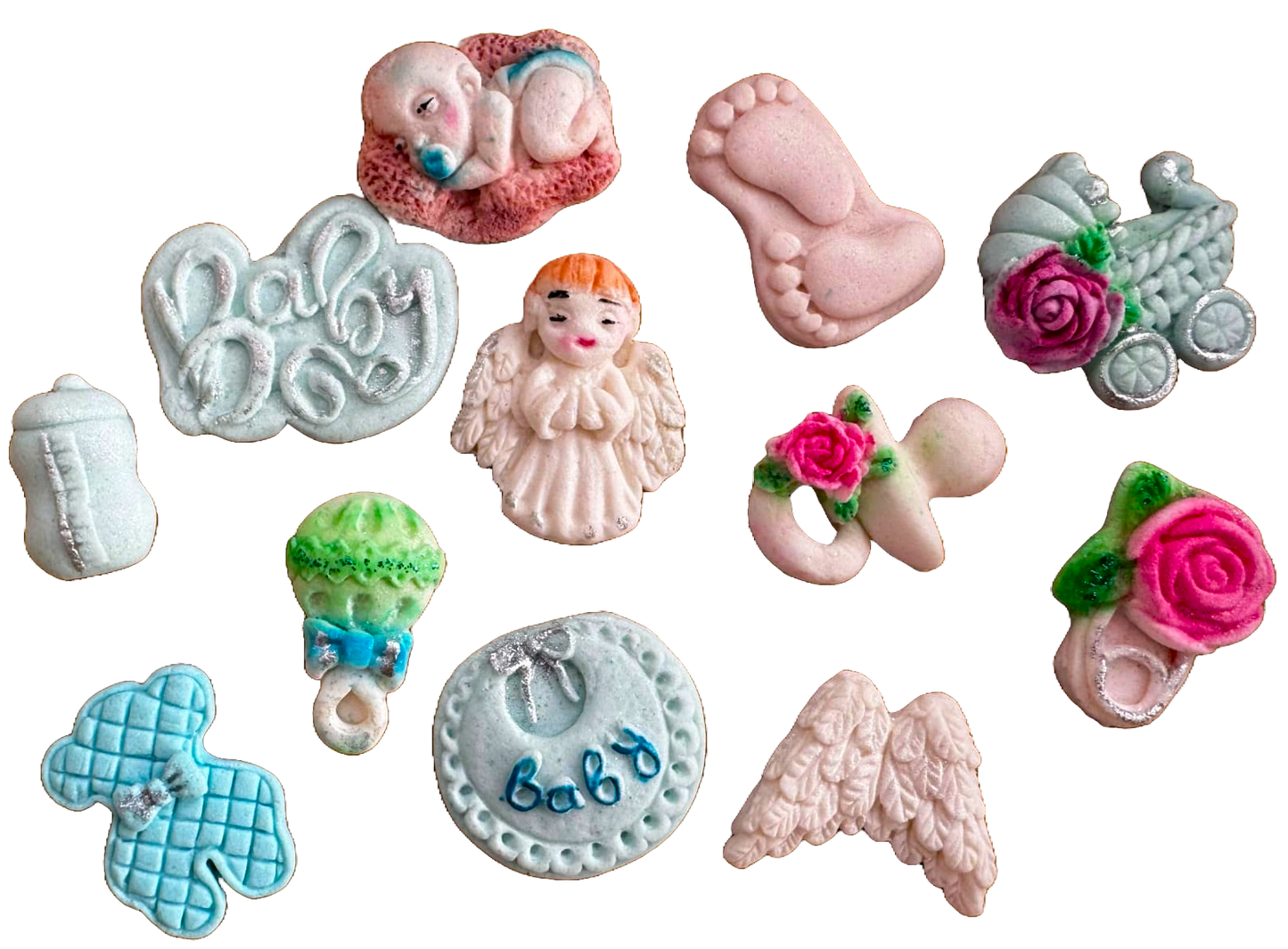 Set 12 decoratiuni comestibile din pasta de zahar, Botez Decoratiuni din Pasta de Zahar Naty Shop