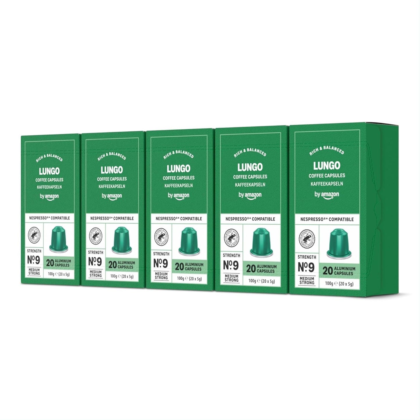 by Amazon Lungo Aluminium-Kaffeekapseln, kompatibel mit Nespresso, mittelgeröstet, 100 Stück (5 Packungen mit je 20 Stück) – Rainforest Alliance zertifiziert