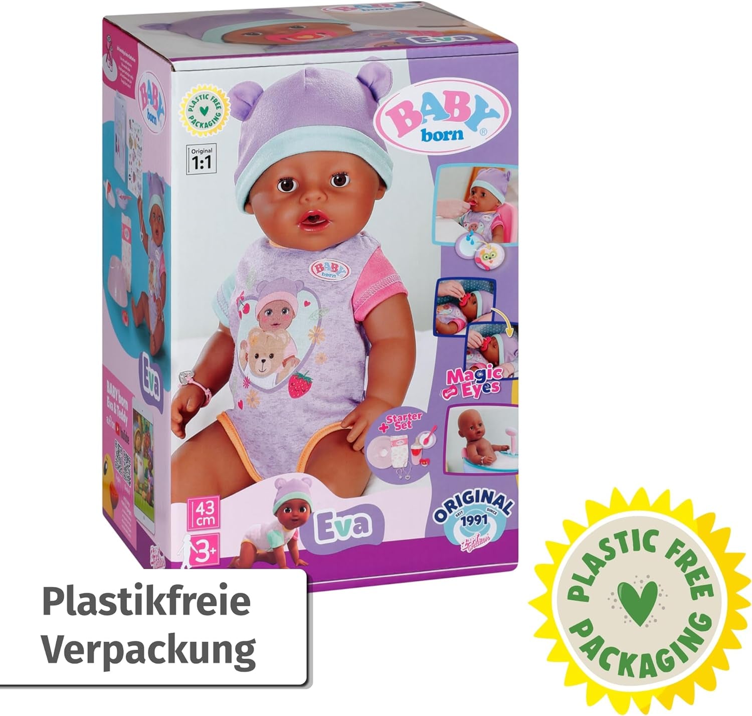 BABY Born Eva 43Cm, păpușă cu 10 funcții și accesorii, pentru copii de la 3 ani, funcționează fără baterie, păpușă mare 43Cm, 836408 Zapf Creation Papusi Naty Shop