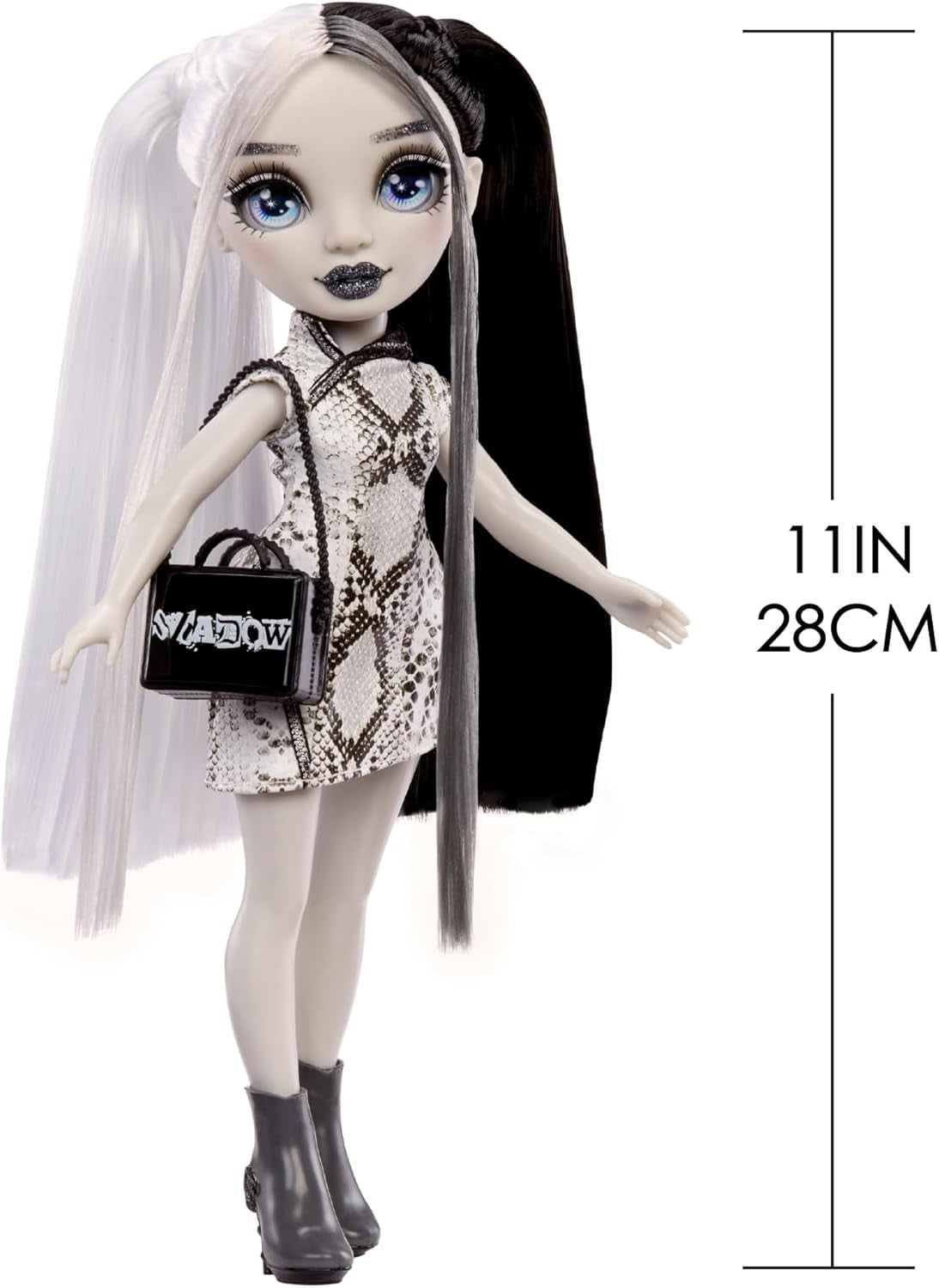 Păpușă Rainbow High Shadow High Heather Grayson - 28 cm în nuanțe de gri, păr și ținută alb-negru, geantă elegantă, cadou dulce pentru copii cu vârsta cuprinsă între 4 și 10 ani