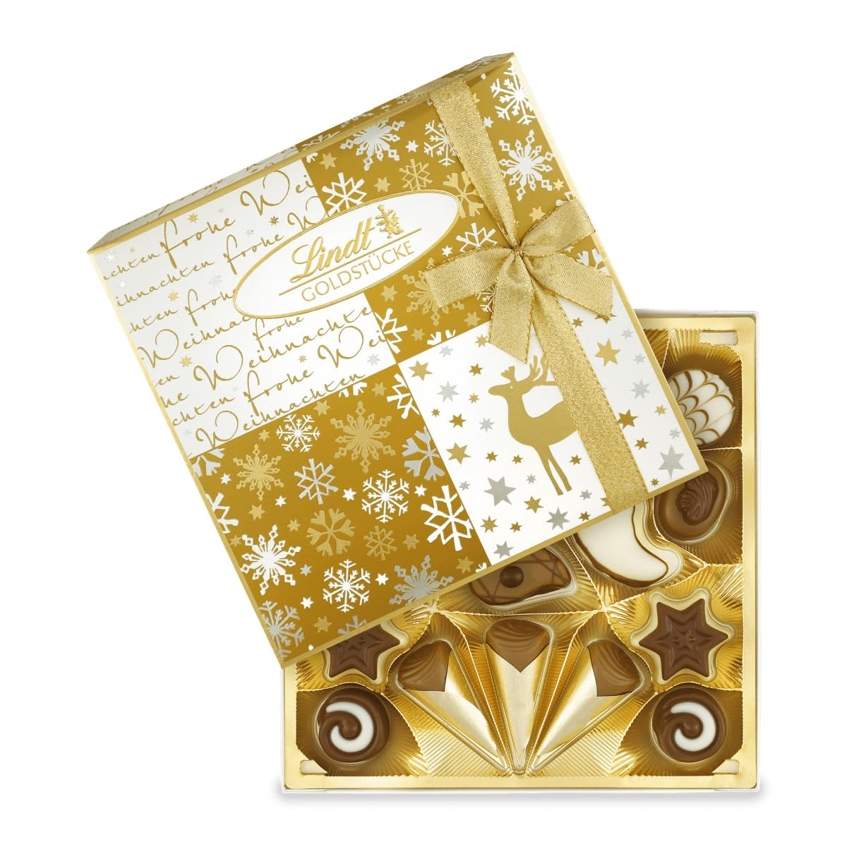 Lindt Chocolate | Cutie de praline Gold Pieces | 180g | 18 praline în 10 sortimente ca sortiment fin de praline, unele cu alcool | Cutie cadou premium cu praline de Crăciun