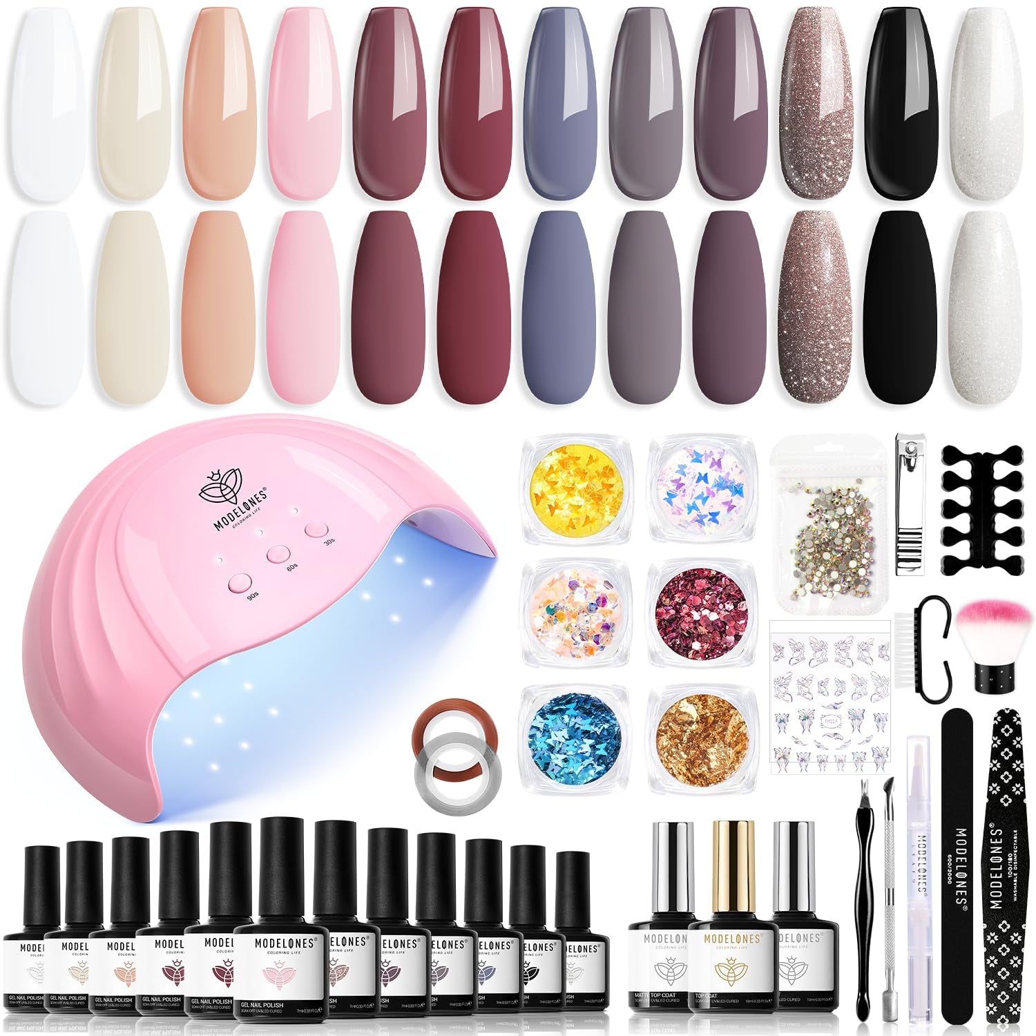 Modelones Set de 35 de bucăți pentru unghii cu gel, Set de ojă UV cu lampă 48W, Set de ojă gel maro nud alb roz, Set de ojă gel UV cu bază top coat Set studio unghii