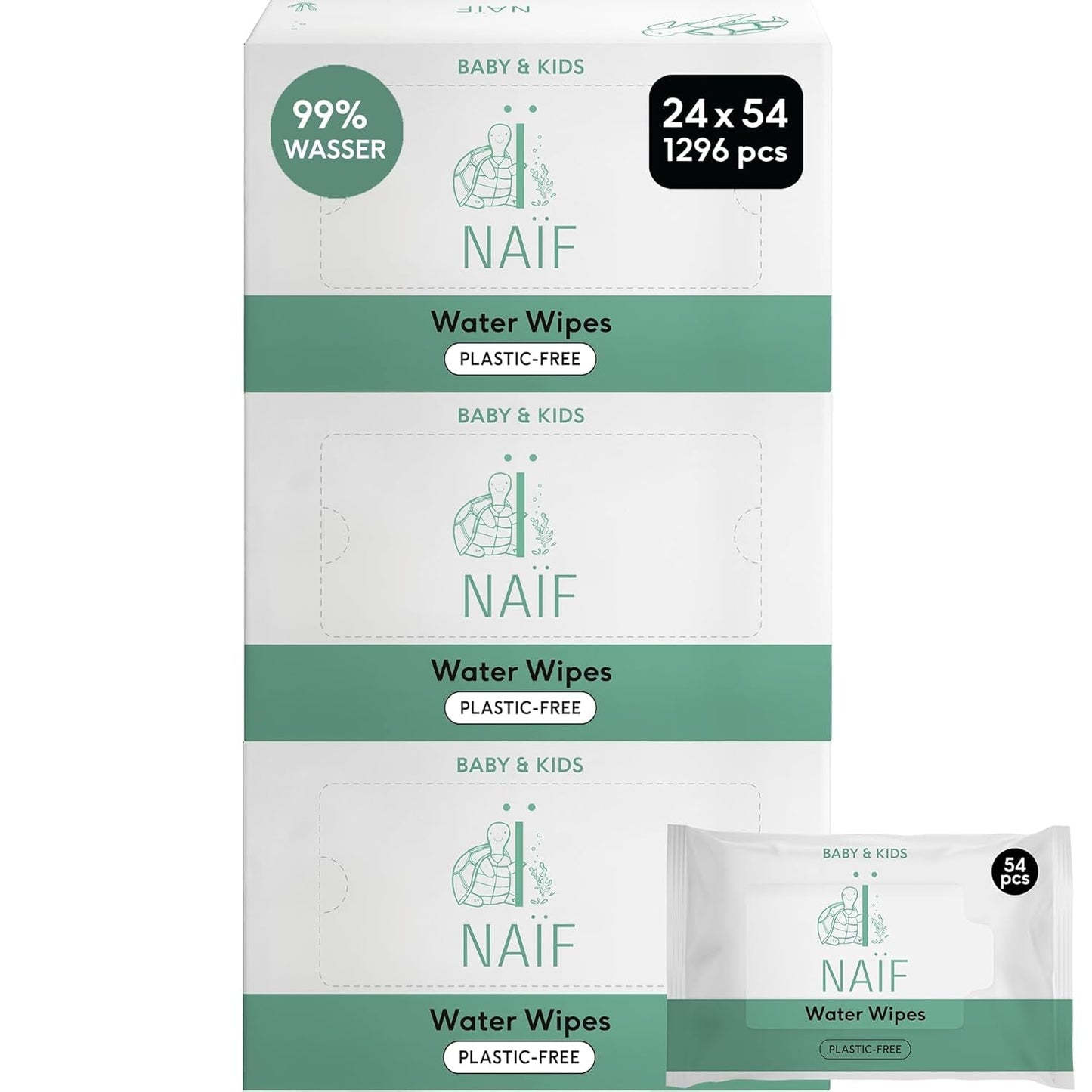 Naïf - Șervețele umede fără plastic - 1296 bucăți (24 bucăți X 54 șervețele umede) - Îngrijire pentru fundul, corpul și fața bebelușului - 99% apă - 0% parfum și alcool