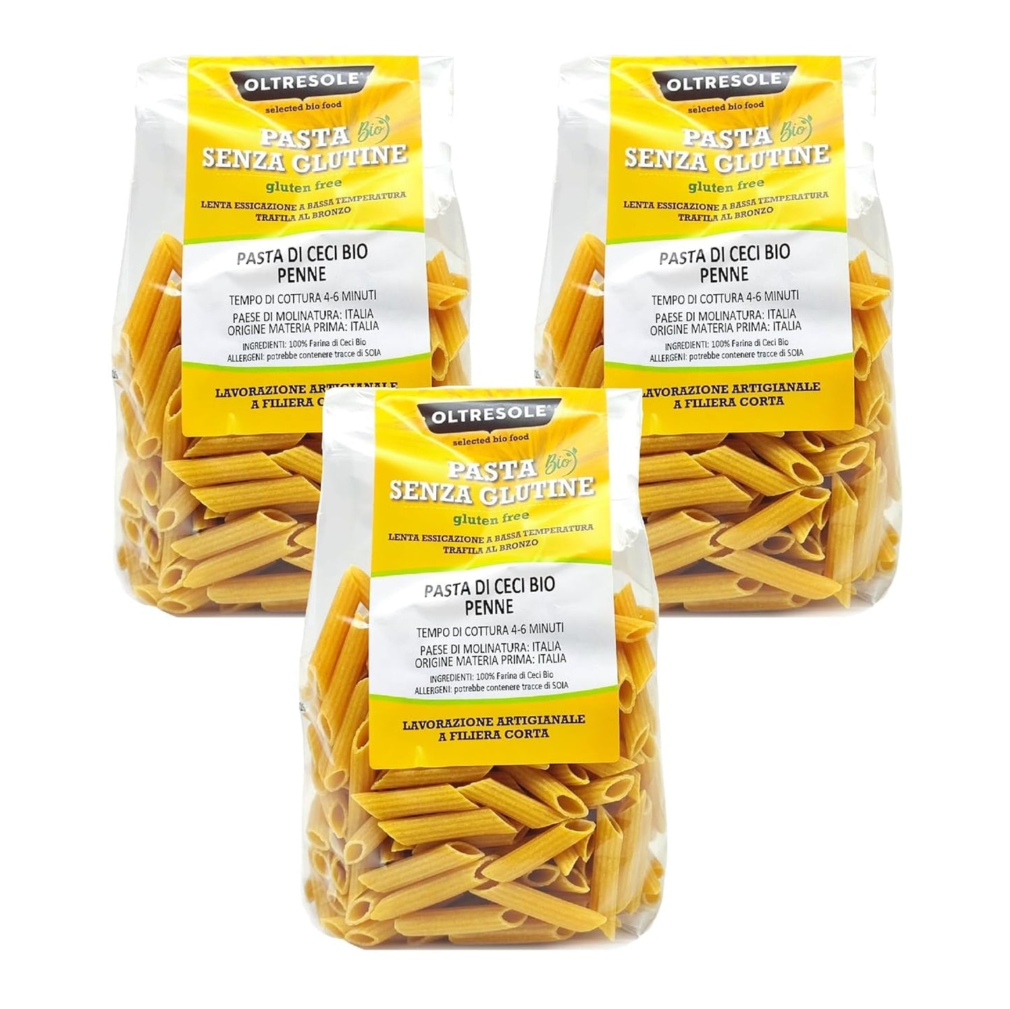 Paste italiene din năut organic, formă penne, paste proteice din făină de năut 100% organică, bogate în fibre, vegane, fără gluten, pachet de 3 pachete x 350g