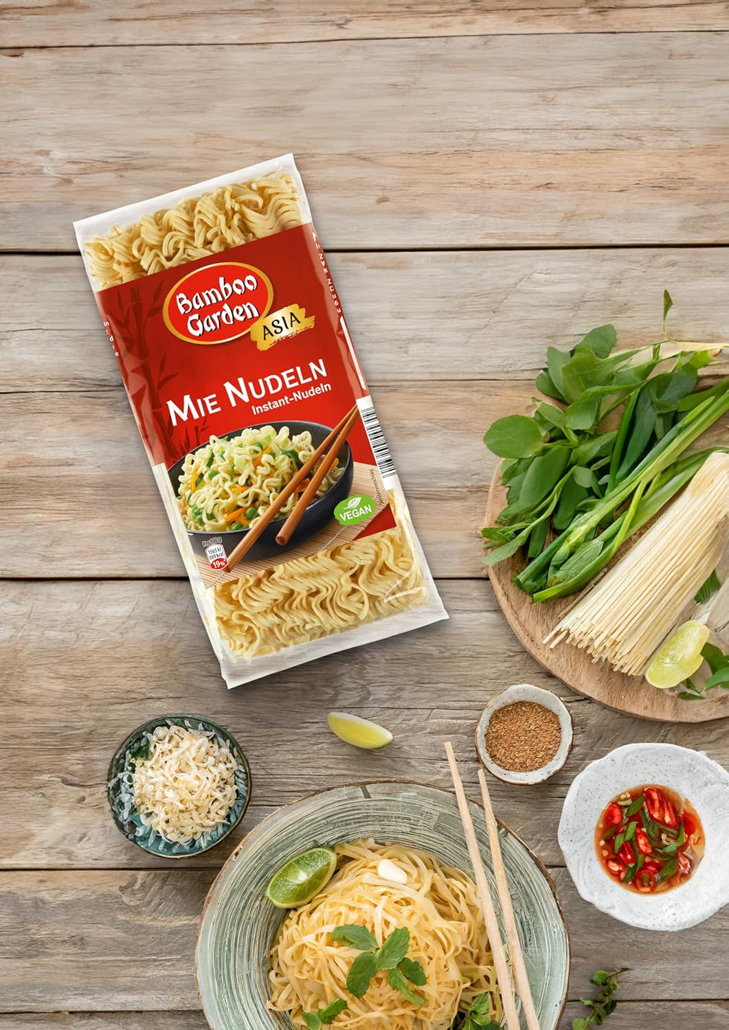 Bamboo Garden - Tăiței Mie | Tăiței instant pentru bucătăria asiatică | Ideali pentru mâncăruri la wok sau supe | Vegani | Pungă de 250g
