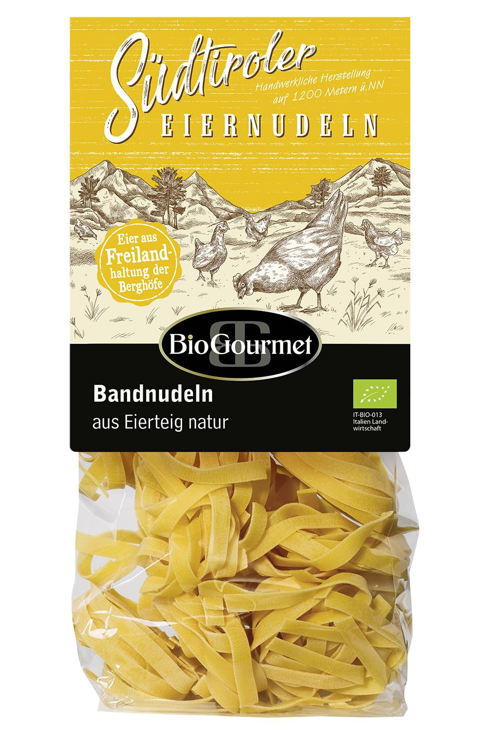 Tăiței panglică BioGourmet cu Schüttelbrot din Tirolul de Sud (IGP) | Tăiței de ou sărați și aromati cu speck autentic din Tirolul de Sud | 1 x 250g Bio