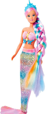 Simba 105733610 - Steffi Love Sirena Curcubeu, păpușă de modă sub formă de sirenă curcubeu cu păr colorat, agrafe de păr, pieptene și aripioară detașabilă, păpușă de joacă 29 cm, de la 3 ani