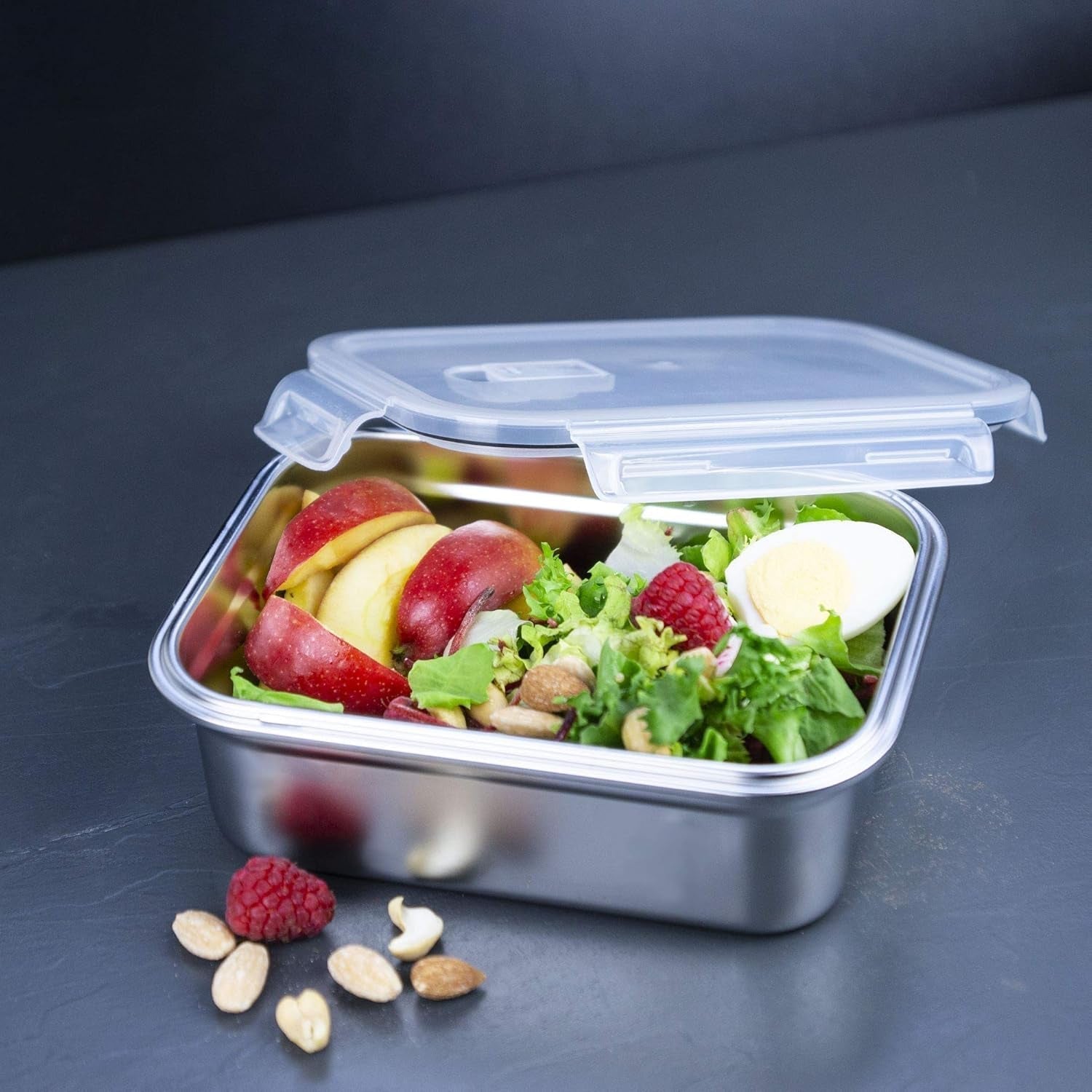 Lurch 240895 Cutie de prânz Cutie de siguranță/de depozitare din oțel inoxidabil de înaltă calitate cu capac din plastic fără BPA 2000ml, transparent Cutii depozitare alimente Naty Shop