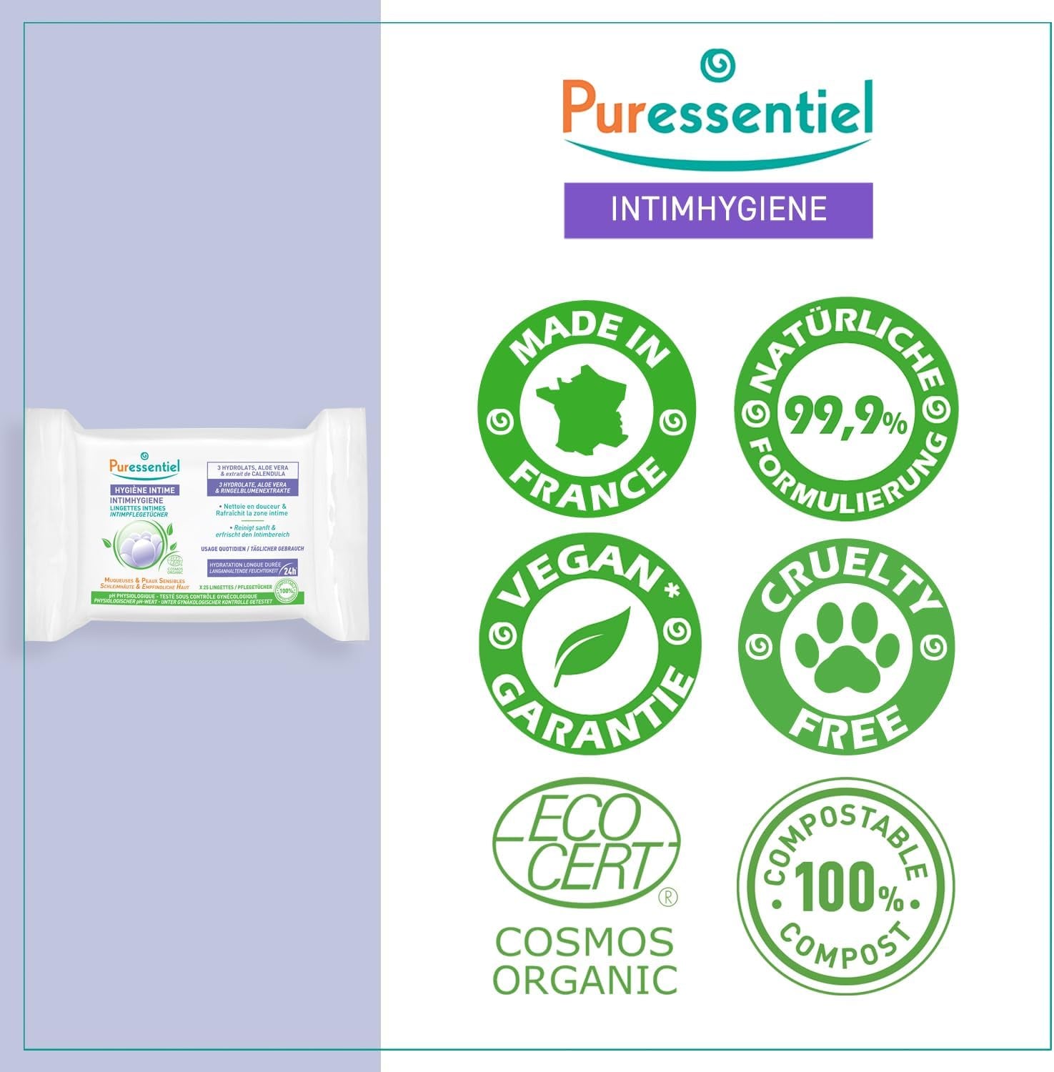Puressentiel - Igienă intimă - Șervețele intime - Curățare și reîmprospătare - Mucoase și piele sensibile - Hidratare de lungă durată 24 de ore - Pentru uz zilnic - X25 buc.