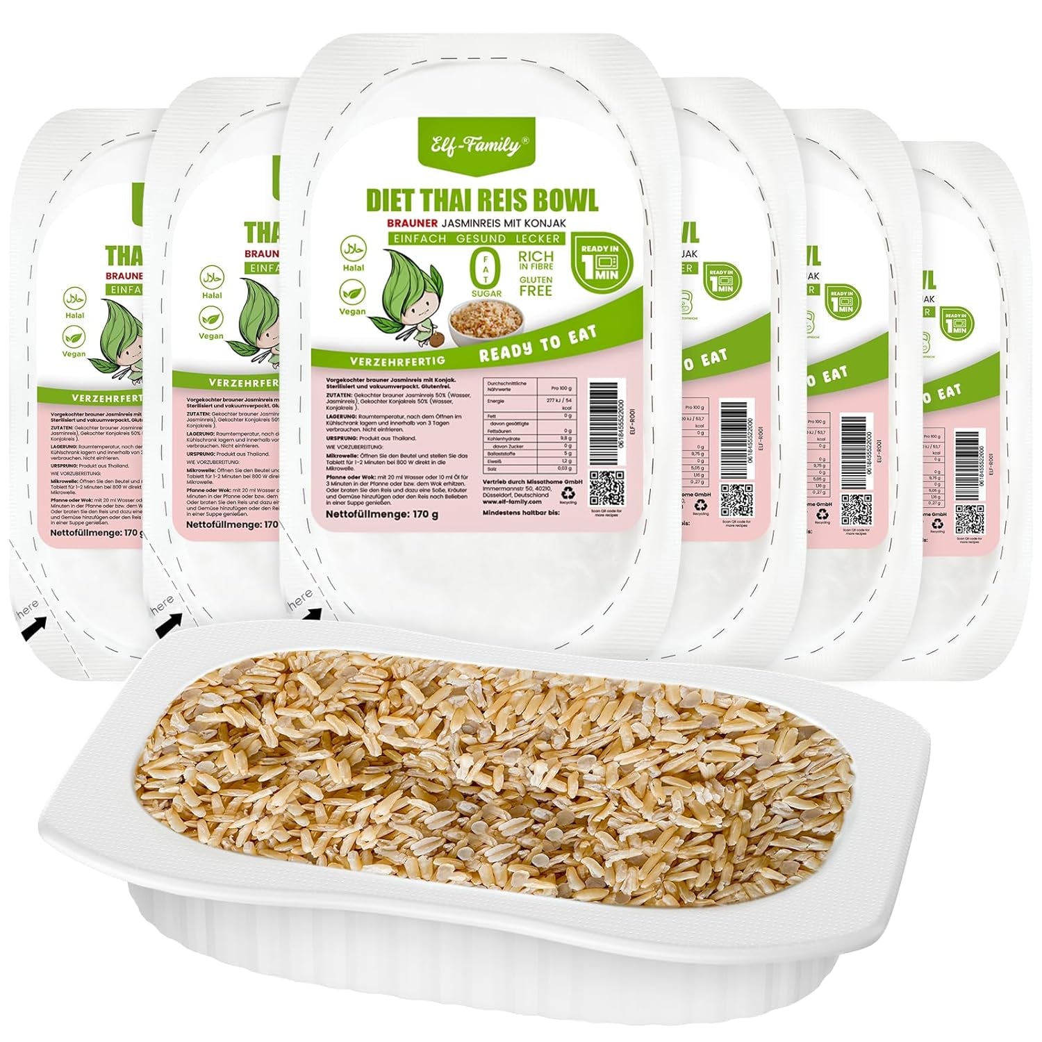 Elf-Family Konjak Reis Thai Brauner Shirataki Bowl -[Diätbox für 1 Wo.] - Instant Jasmin Reis - Fertiggerichte für Mikrowelle - Natürlich Superfoods Mikronährstoffe - Vegan/Low Carb/Fettfrei- 6er Box
