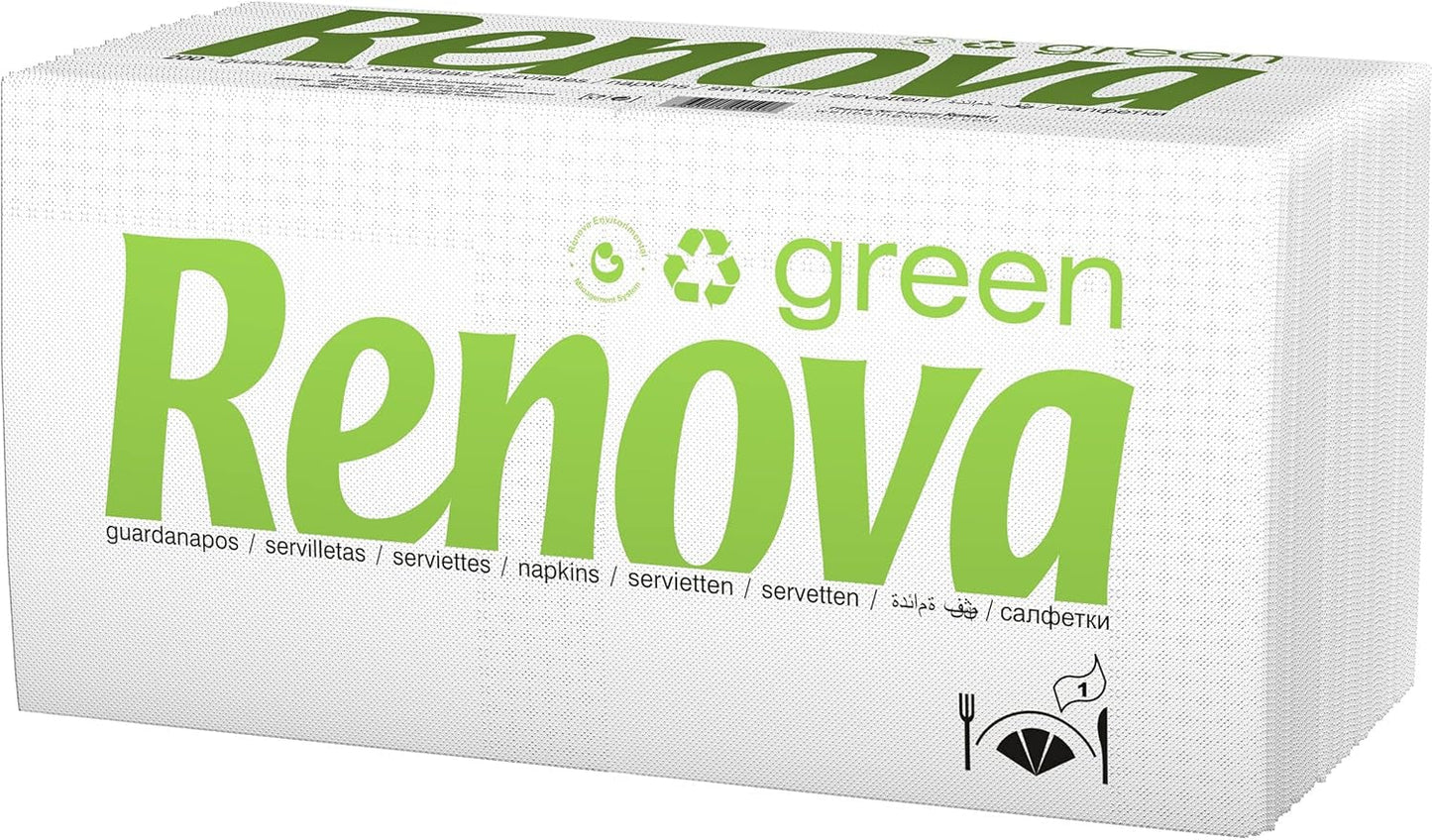 Renova - Șervețele Renovagreen, 200 șervețele, hârtie reciclată, etichetă ecologică europeană, dimensiune standard