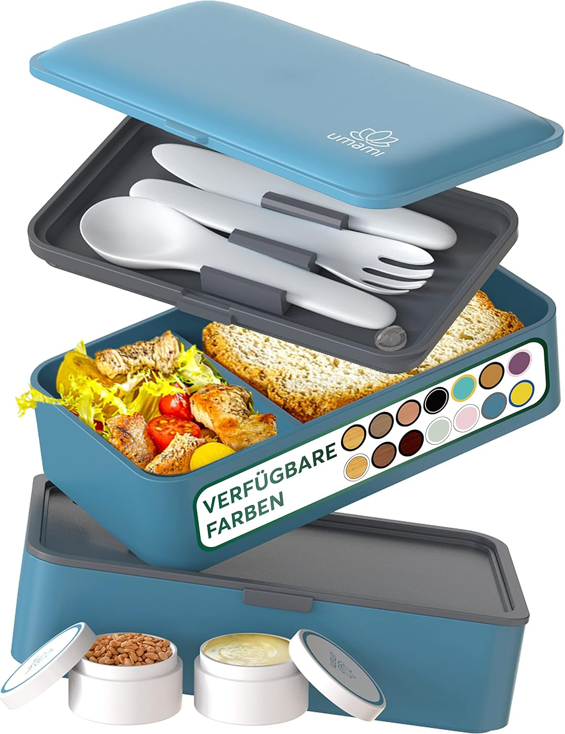Cutie de prânz Umami pentru adulți, cutie bento stivuibilă etanșă cu 4 tacâmuri și compartimente, cutie de prânz pentru adulți, recipient pentru salată to-go, cutie de prânz pentru picnic / birou, gri cărbune, 1500 ml Cutii depozitare alimente Naty Shop Denim albastru L - 1200 Ml