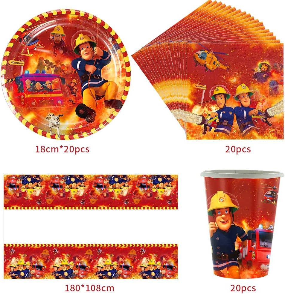 Set de veselă cu tematică de pompieri, accesorii pentru veselă pentru petrecere, decorațiuni pentru ziua de naștere a pompierilor, 61 de piese, pentru 20 de invitați