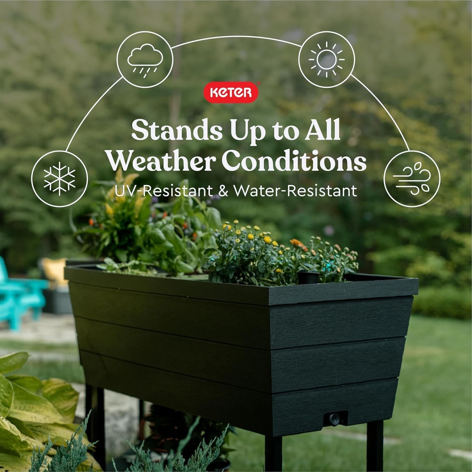 Ghiveci Keter Urban Bloomer pentru grădină înălțată și plante aromatice, pentru exterior, cu manometru de auto-udare și dop de drenaj, gri închis